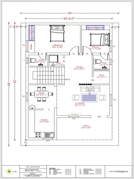 26'6" x 42'0" -  Duplex house - 2BHK